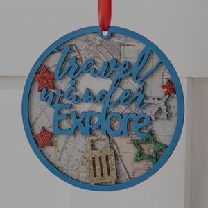 Holiday Lane World Traveler Round Paper Travel, Wander, Explore Glitter Ornament
